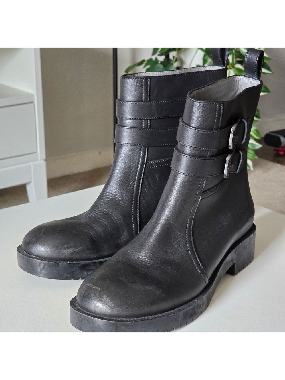 Jil Sander Navy Black Leather Ankle Boots Size 9.5